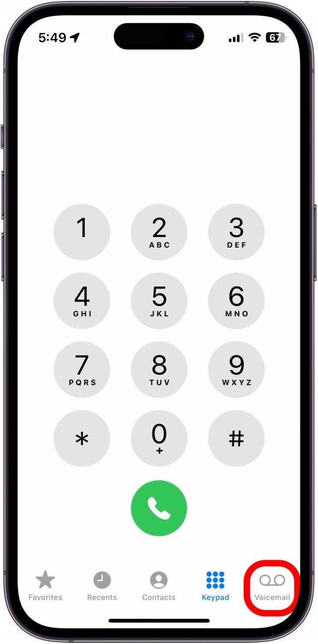 iphone phone keypad with voicemail tab circled in red