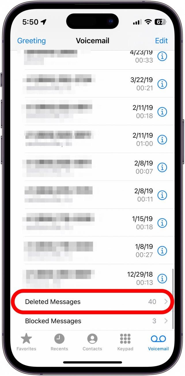 iphone voicemail tab with deleted messages folder circled in red