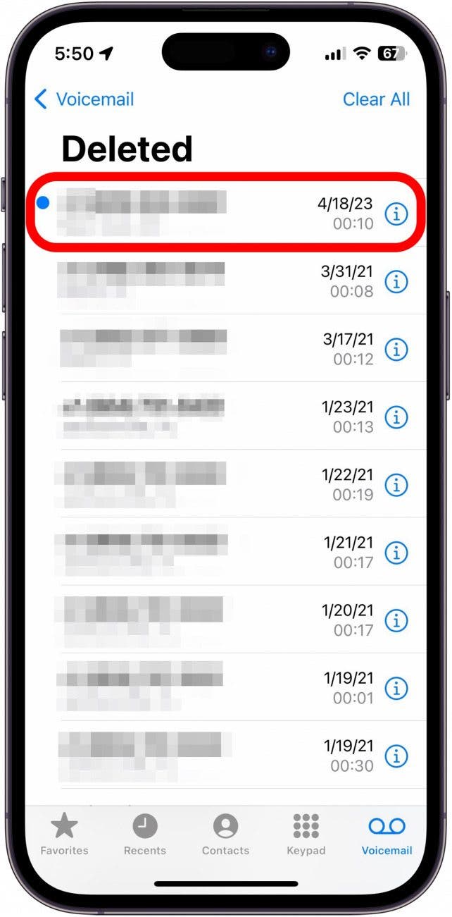 iphone deleted voicemails page with one voicemail circled in red