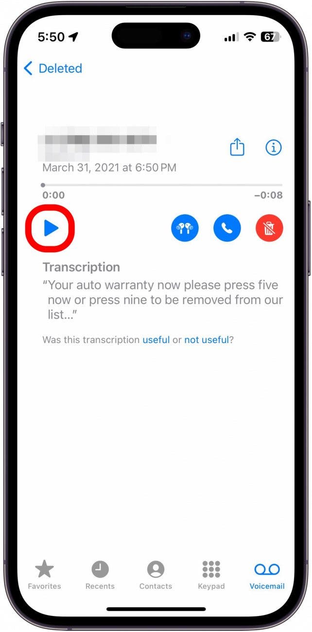 iphone voicemail with play button circled in red