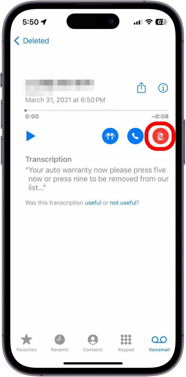 iphone voicemail with undelete button circled in red