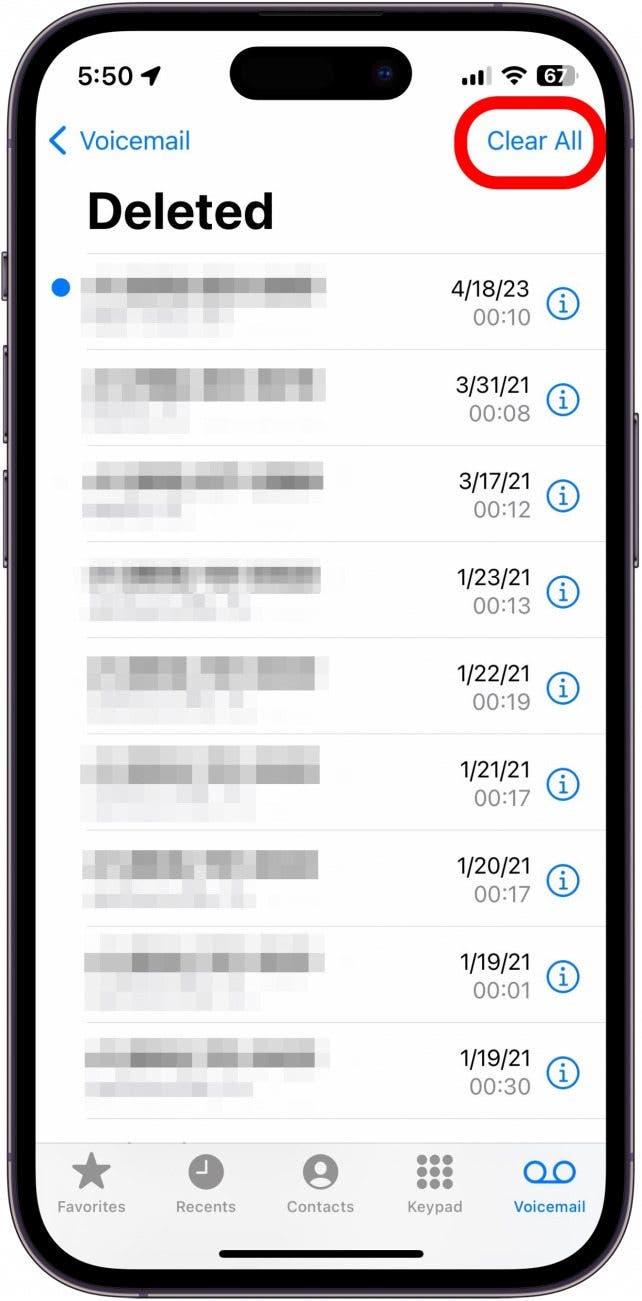 iphone deleted voicemails list with clear all button circled in red