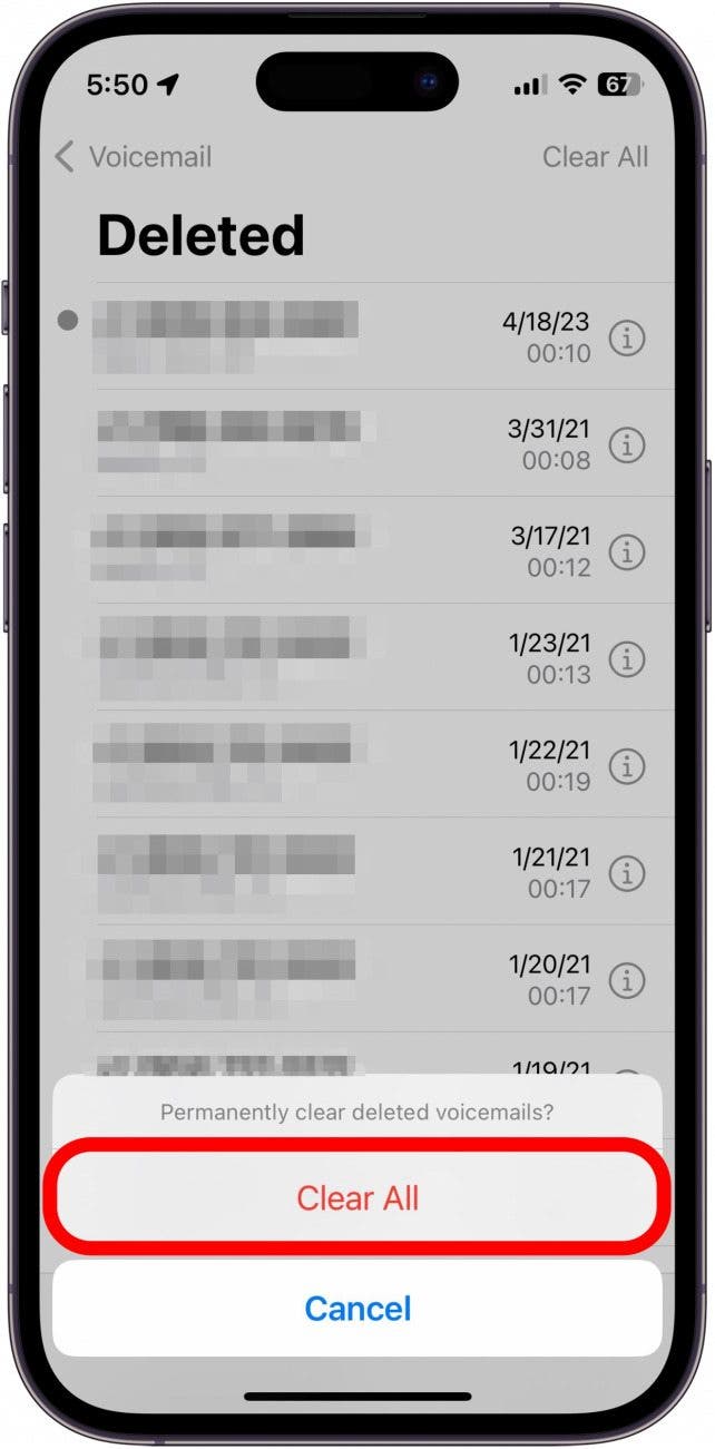 iphone deleted voicemails list with clear all confirmation button circled in red