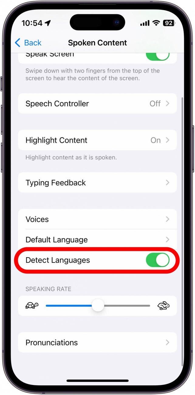 sceenshot of iphone text to speech settings with detect languages toggle circled in red