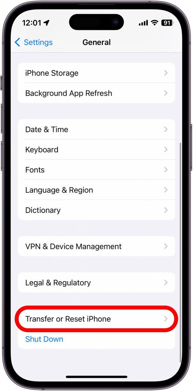 screenshot of iphone general settings with transfer or reset iphone circled in red