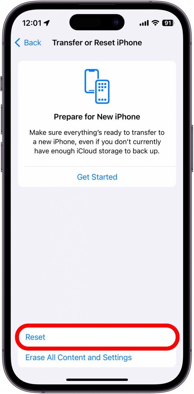 screenshot of iphone transfer or reset settings with reset option circled in red