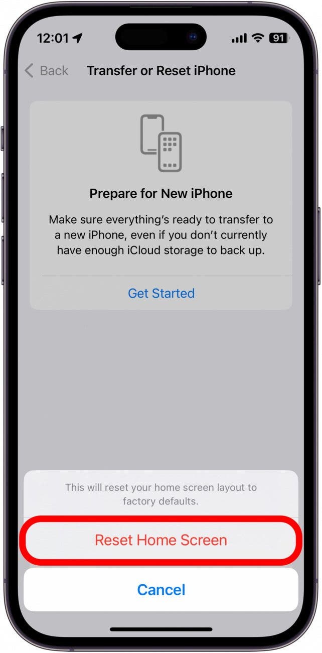 screenshot of iphone reset home screen layout confirmation screen with reset home screen circled in red