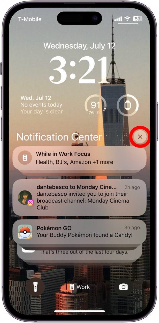 iphone notification center with X icon circled in red