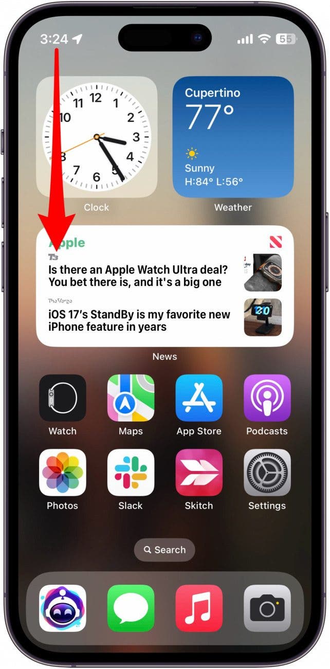 iphone home screen with red arrow pointing downward from upper left edge, indicating to swipe down from the upper right edge