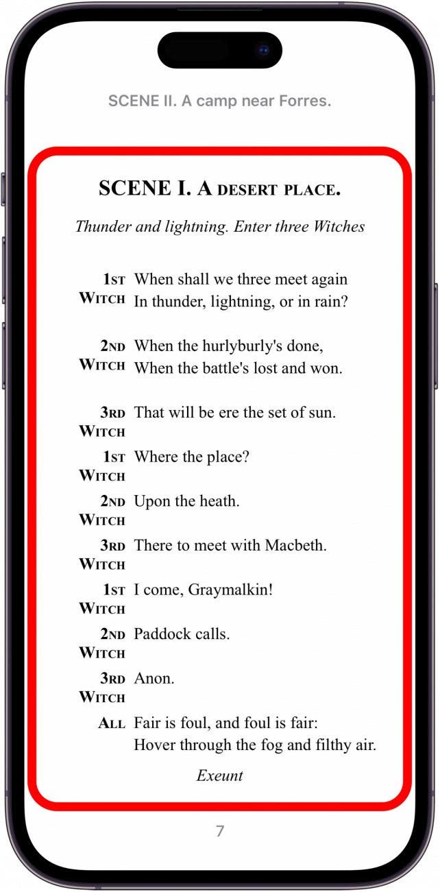 MacBeth in Apple books with a red outline indicating to tap the screen