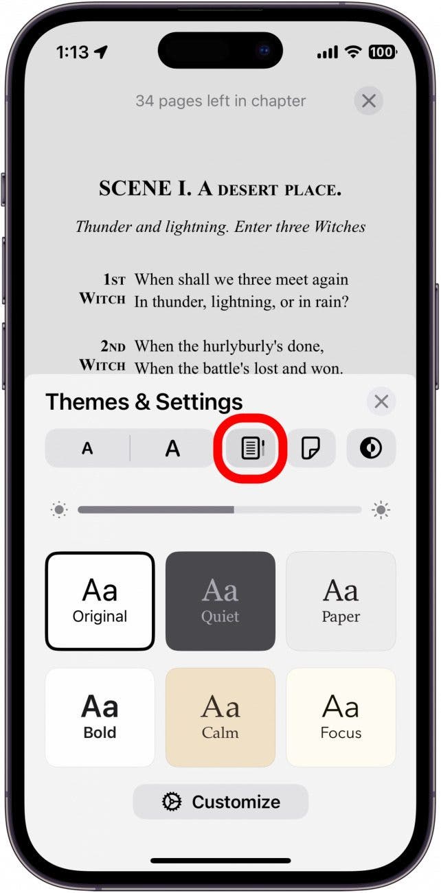 apple books themes and settings menu with scroll icon circled in red