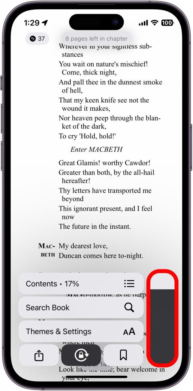 apple books with scroll slider circled in red