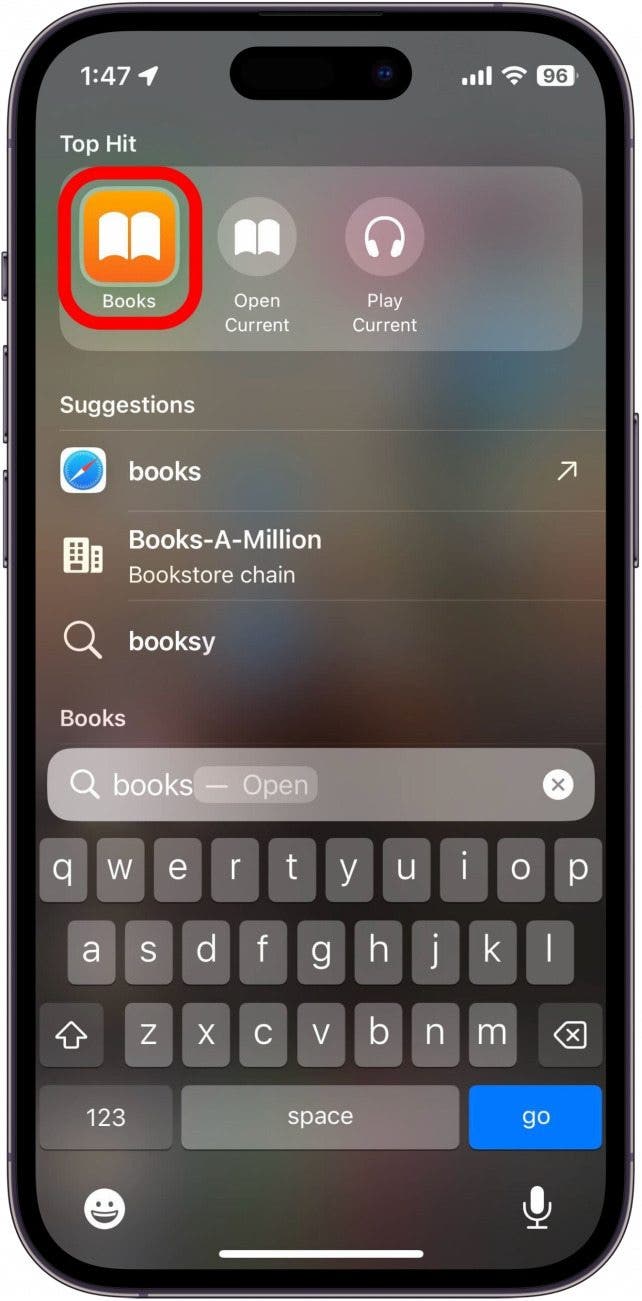 iphone spotlight search with books app search result circled in red