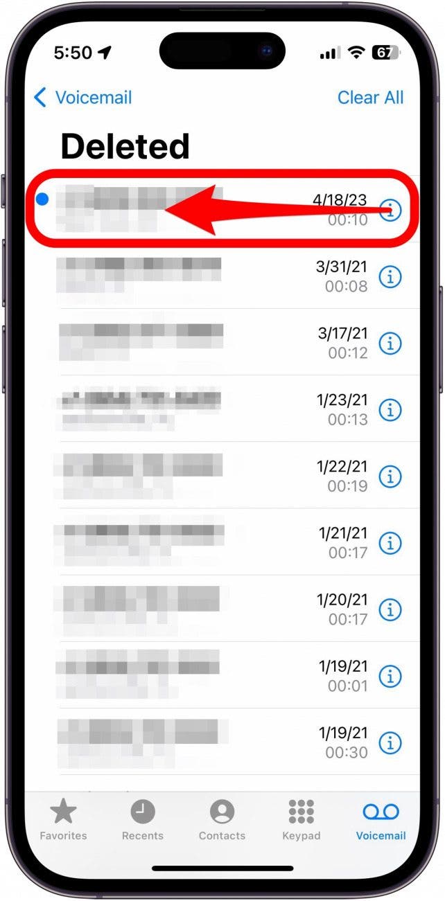 iphone deleted voicemails with one specific message circled in red, with an arrow point to the left, indicating to swipe left