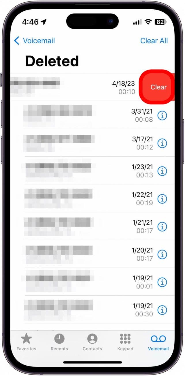 iphone deleted voicemails with Clear button circled in red