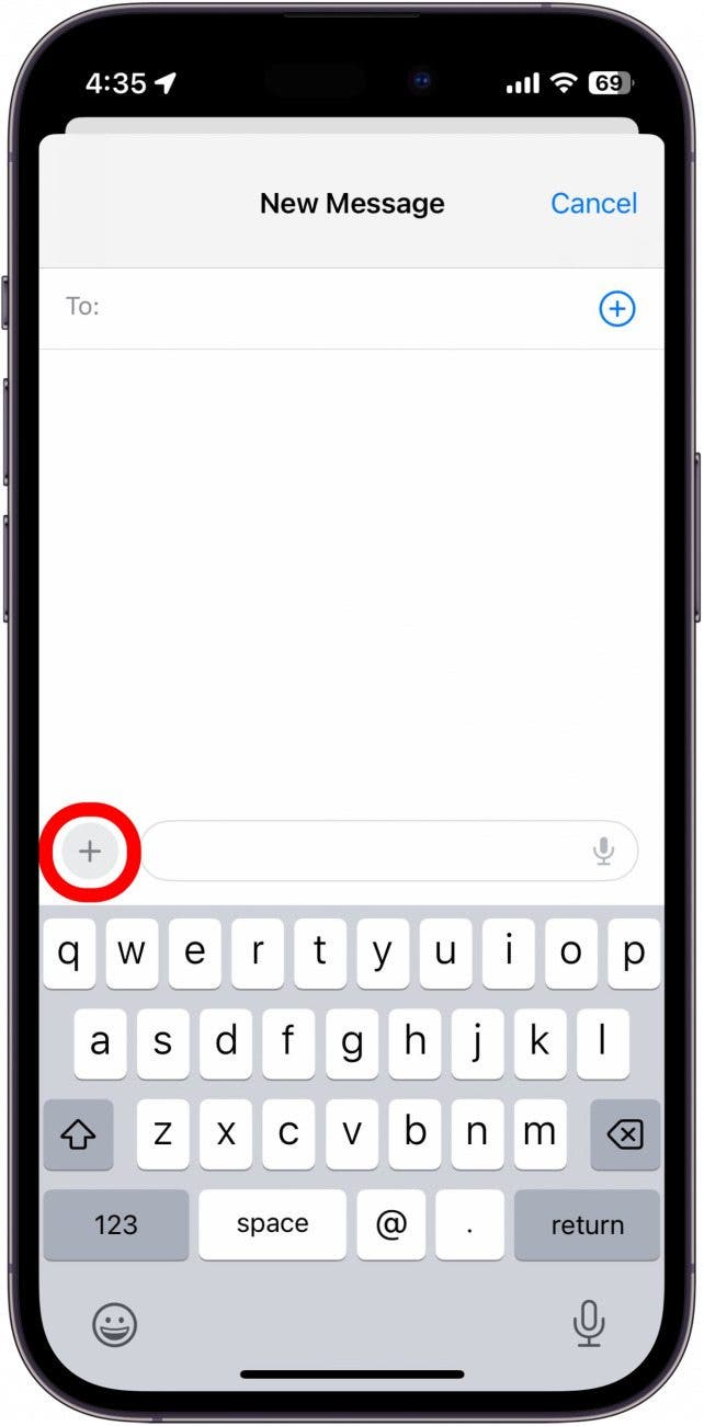 iphone new message screen with red circle around plus icon