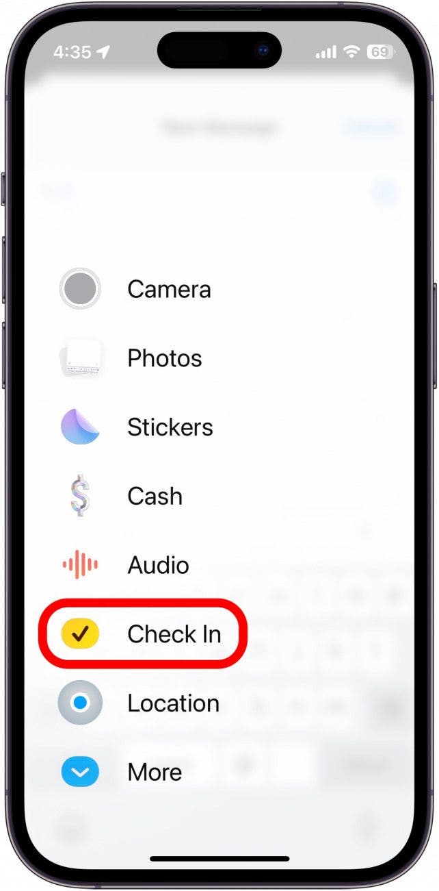 iphone imessage apps list with check in app circled in red