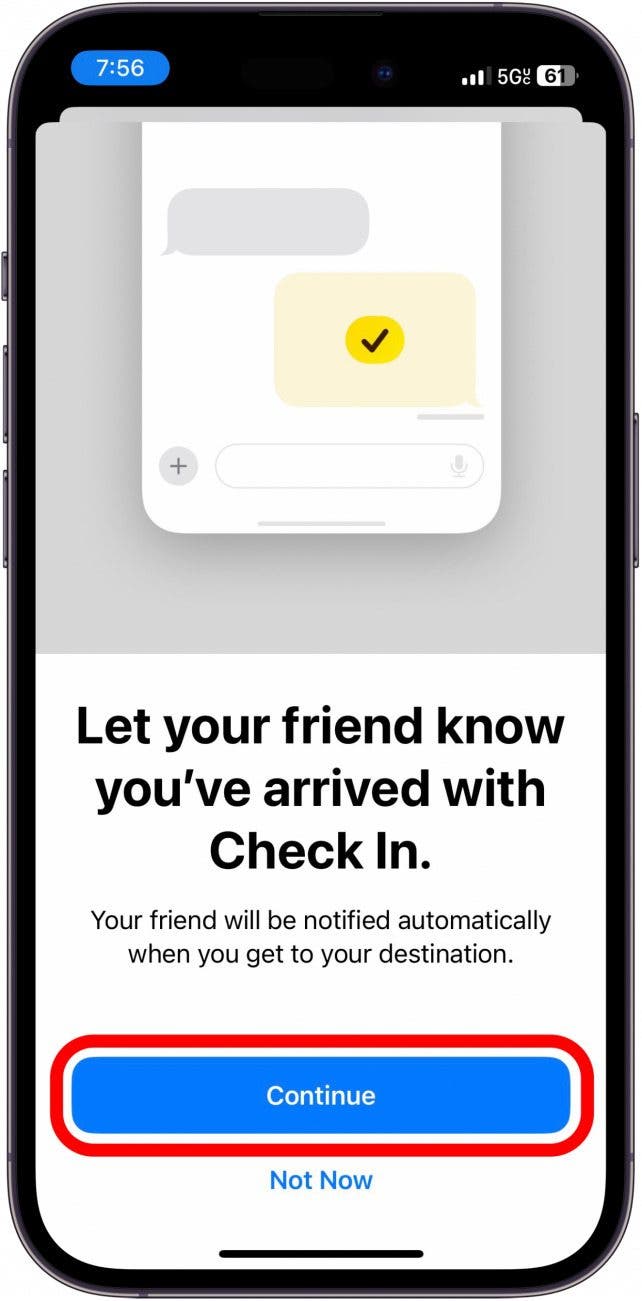 iphone check in setup screen with continue button circled in red