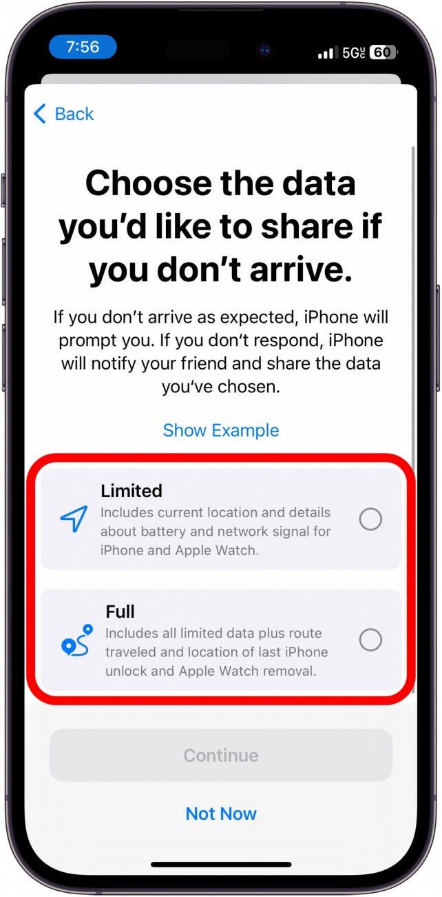 iphone check in setup screen with red circle around limited data or full data options