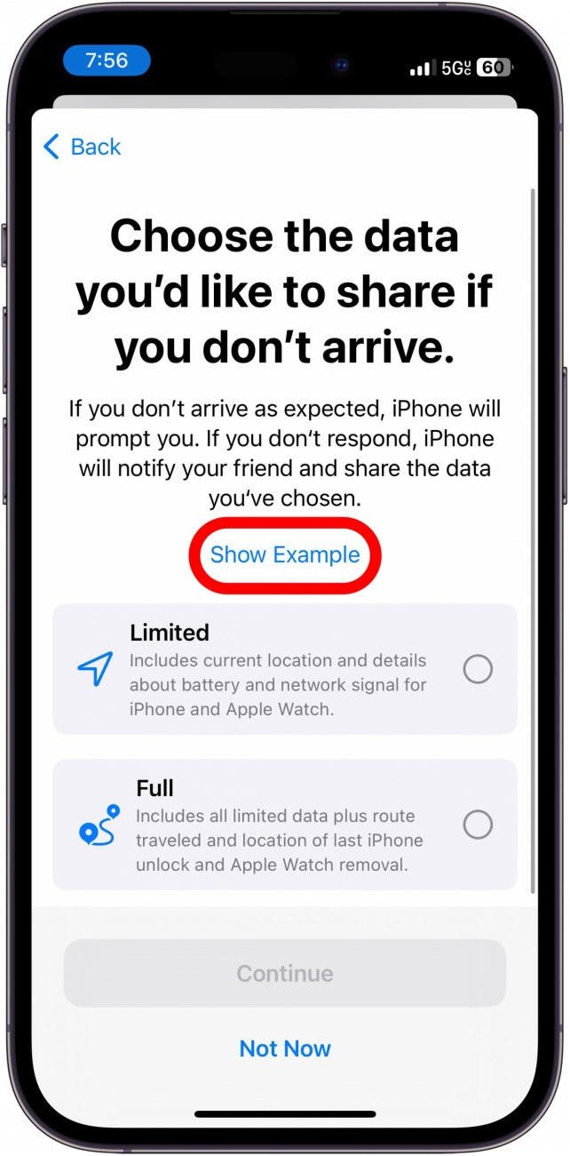 iphone check in setup screen with show examples button circled in red