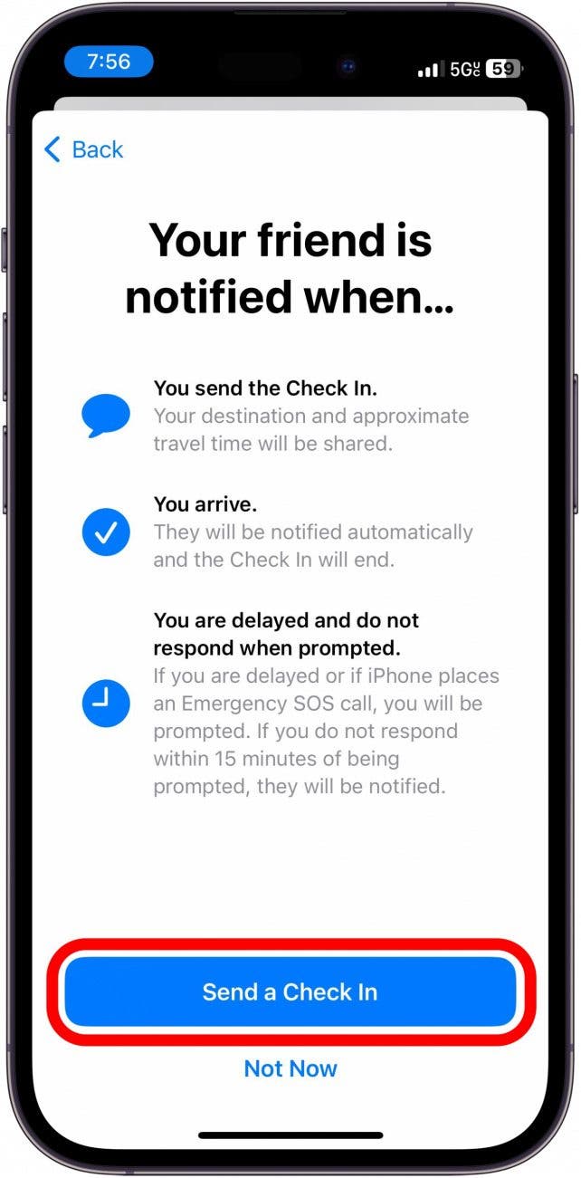 iphone check in setup with send a check in button circled in red