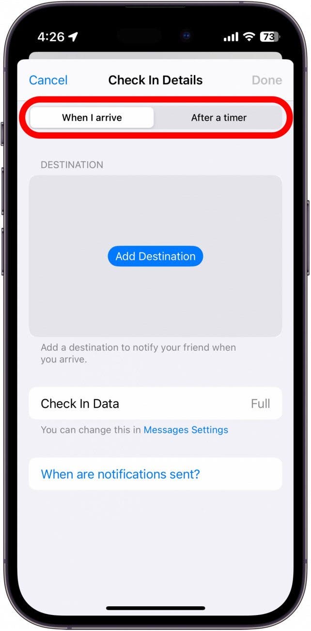 iphone check in settings with when i arrive tab circled in red