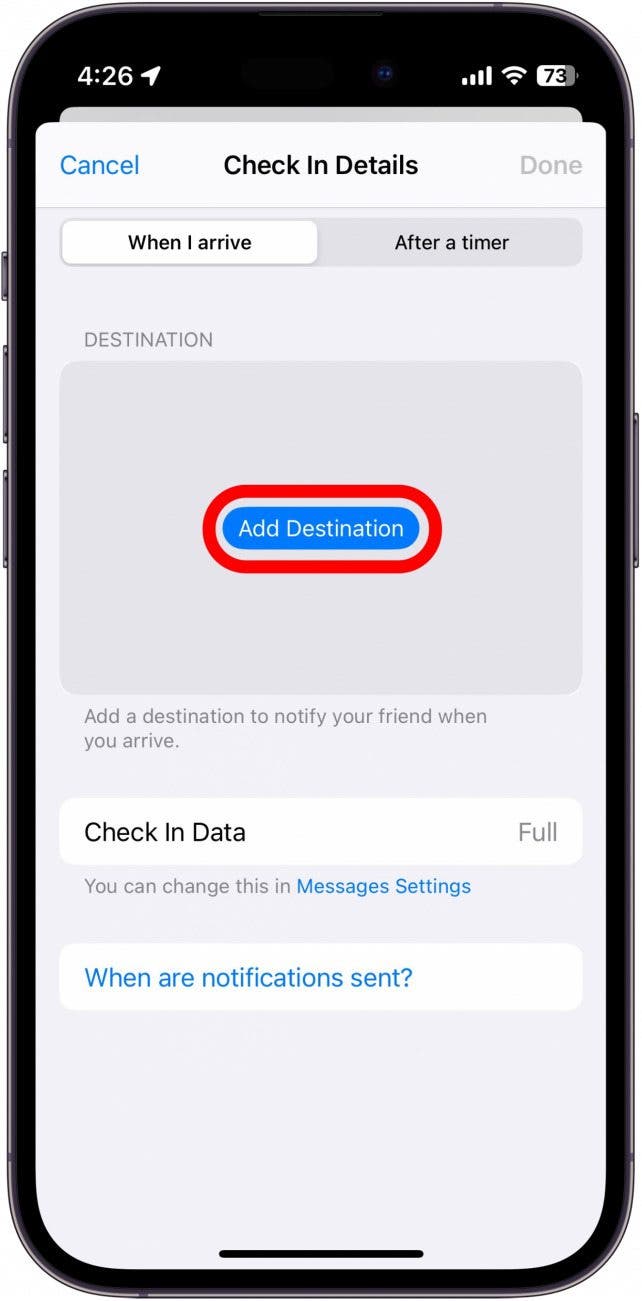 iphone check in settings when i arrive tab with add destination button circled in red