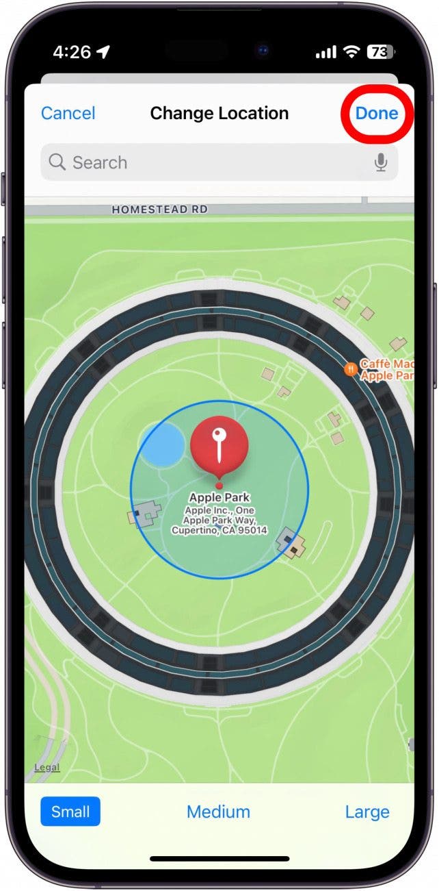 iphone check in location settings with done button circled in red