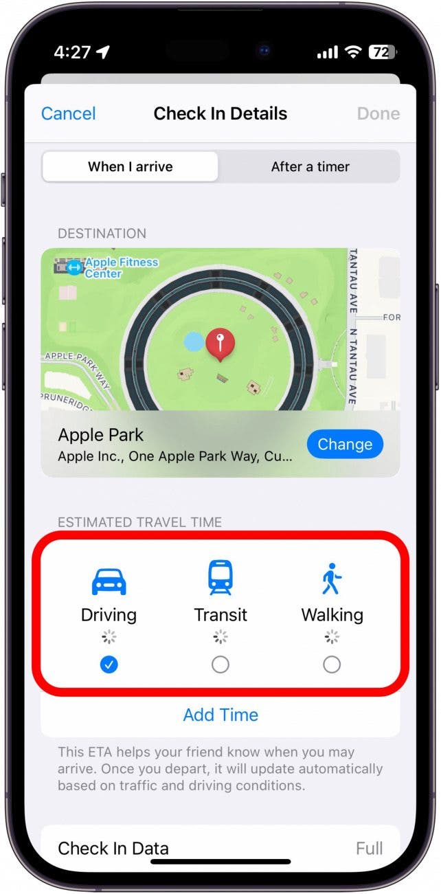 iphone check in when i arrive tab with estimated travel time section circled in red