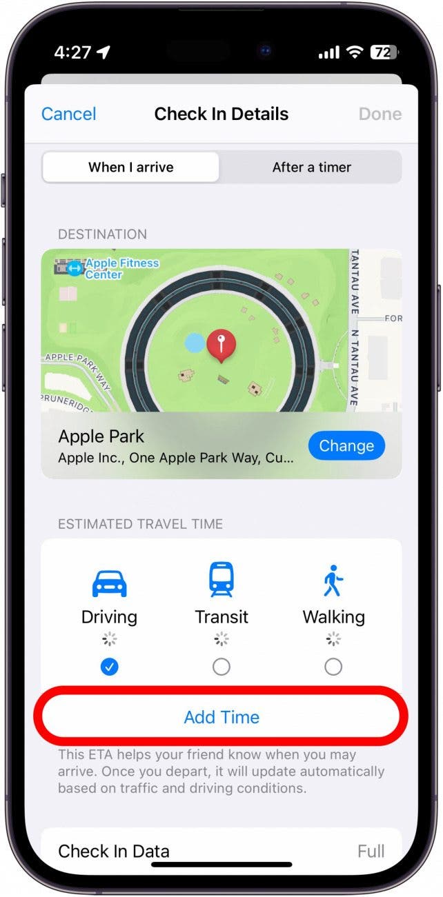 iphone check in when i arrive tab with add time button circled in red