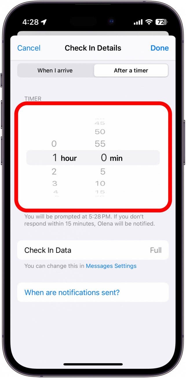 iphone check in after a timer tab with timer settings circled in red