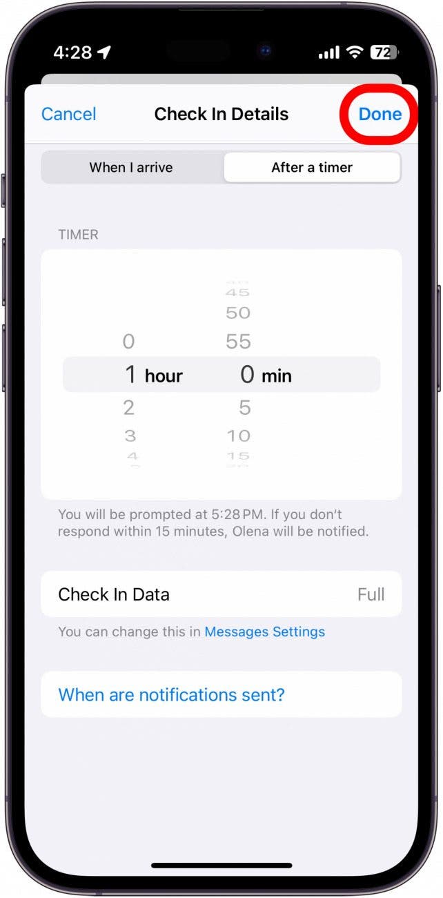 iphone check in after a timer tab with done button circled in red