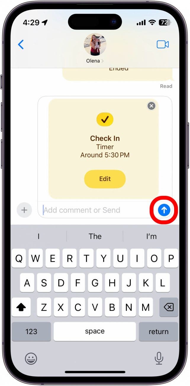 iphone check in imessage with send button circled in red