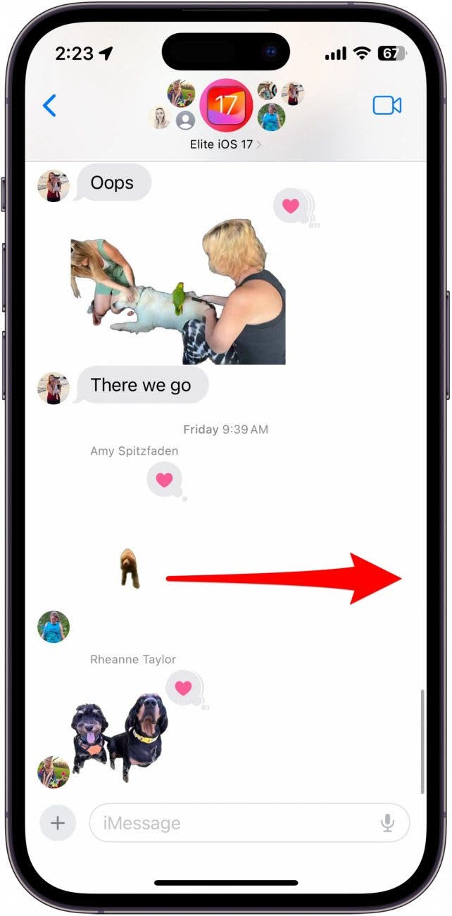 imessage conversation with arrow pointing from message to the right edge of the screen, indicating to swipe right