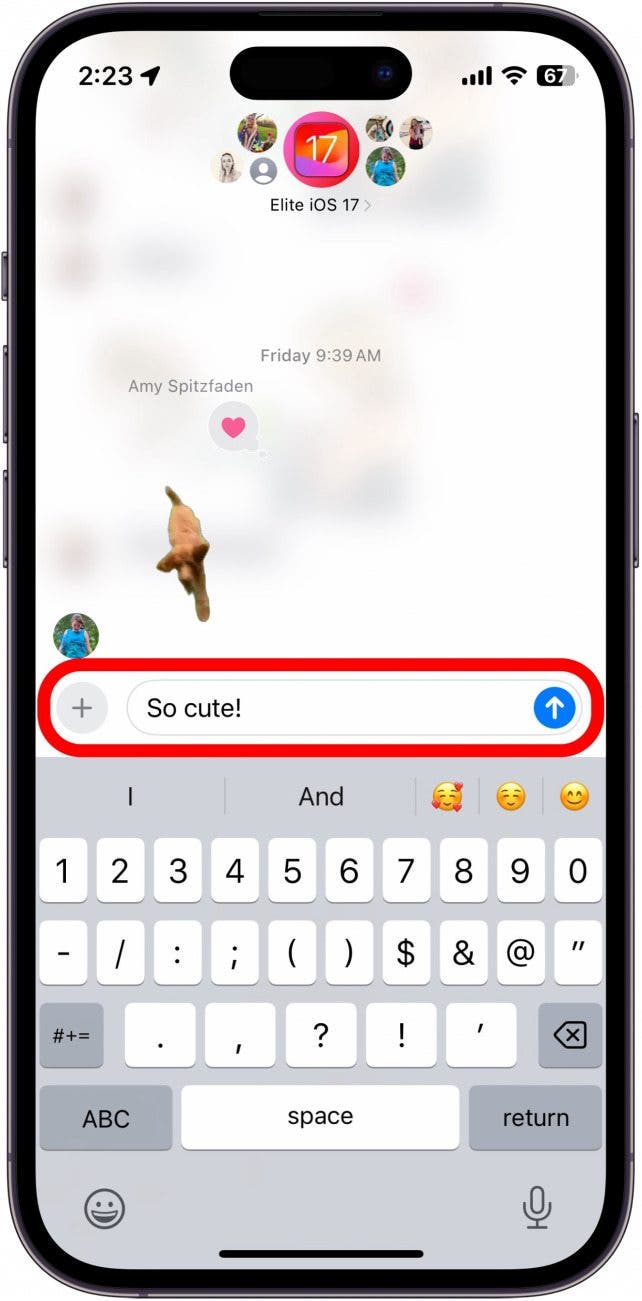 imessage reply bubble with a red circle around the typed out response, "so cute!"