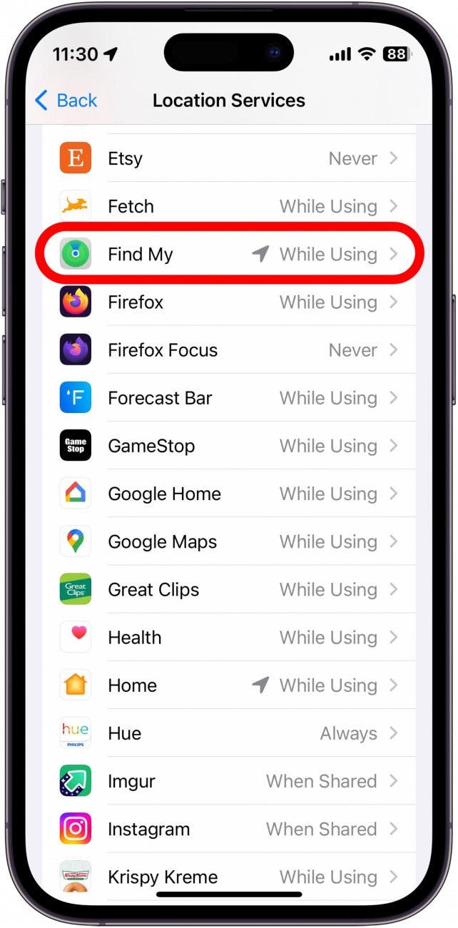 iphone location services with find my app circled in red