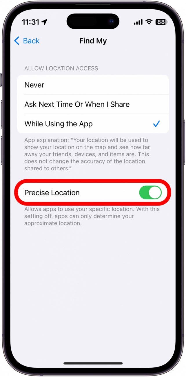 iphone find my location settings with precise location circled in red