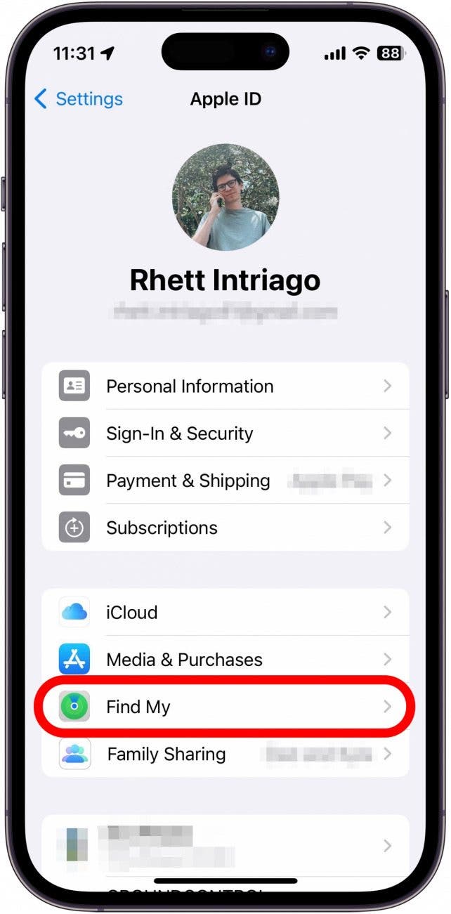 apple id settings page with find my section circled in red