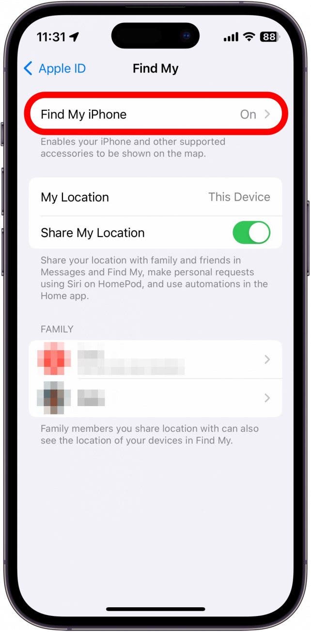 iphone find my settings with find my iphone circled in red