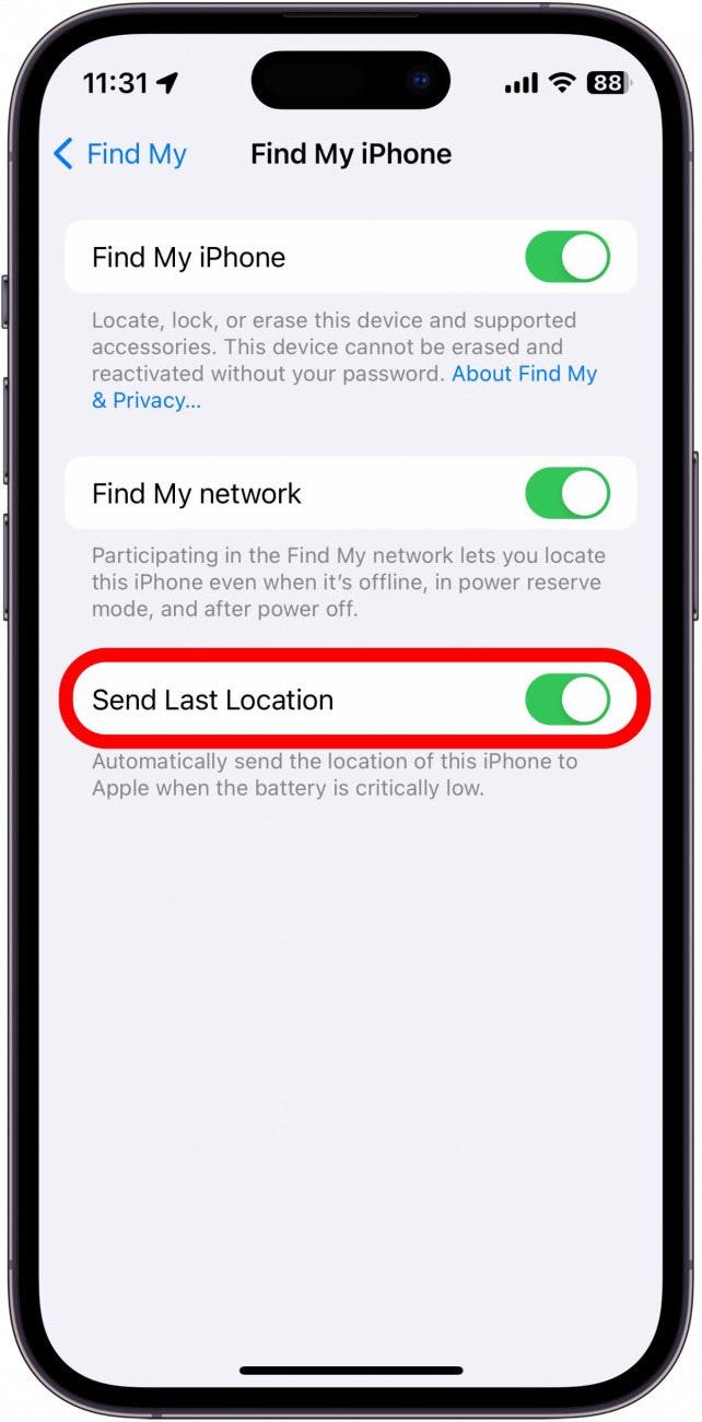 find my iphone settings with send last location circled in red