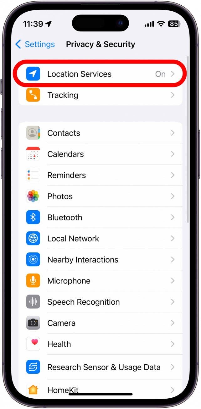 iphone privacy & security settings with location services circled in red