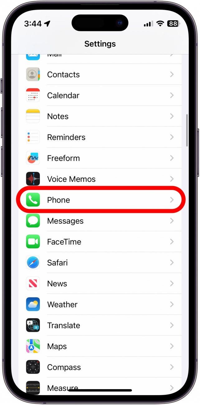 iphone settings with phone option circled in red