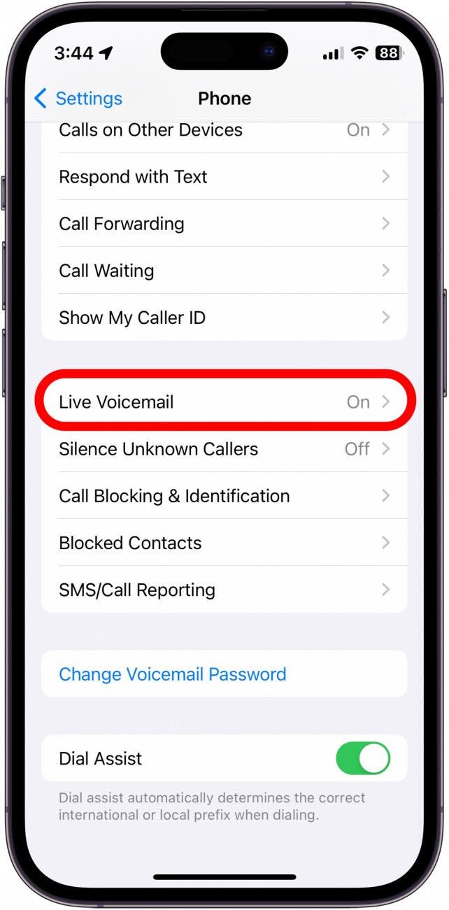 iphone phone settings with live voicemail option circled in red