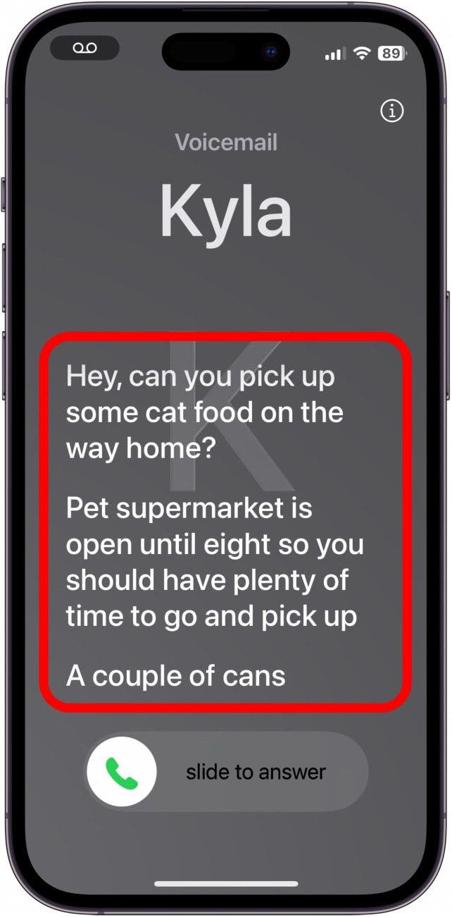 iphone call screen showing a live transcript of the caller asking for the recipient to pick up cat food