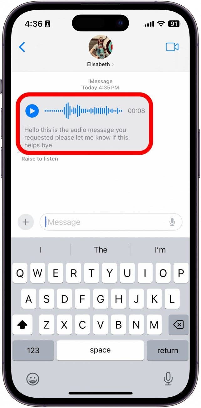 imessage screenshot with audio message transcript circled in red