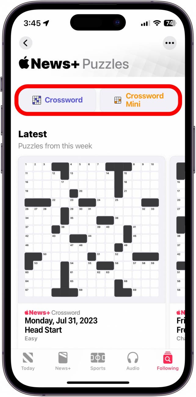 apple news puzzles with crossword and crossword mini buttons circled in red