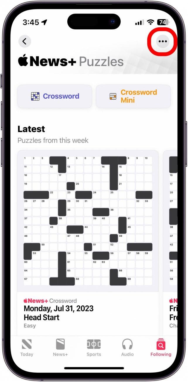 apple news puzzles with three dot menu icon circled in red