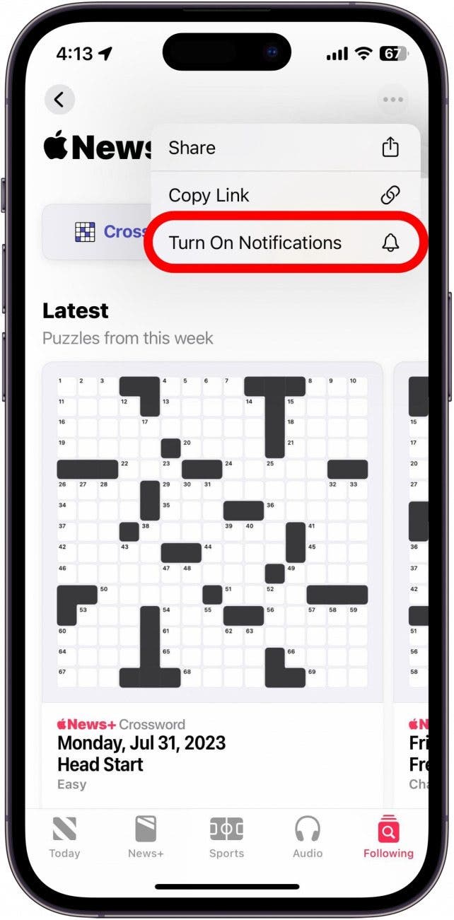 apple news puzzles with turn on notifications button circled in red