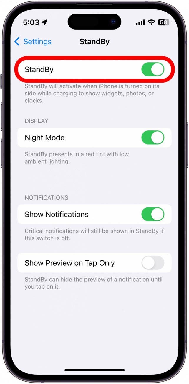 iphone standby settings with standby toggle circled in red