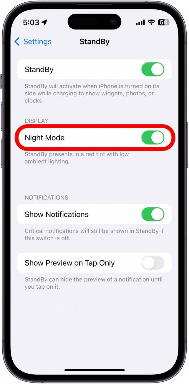 iphone standby settings with night mode toggle circled in red